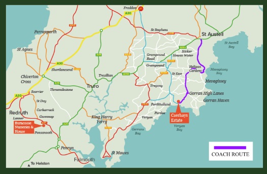 Click for larger map of coach route A30 to Caerhays Castle - opens new window Click for larger map of coach route A30 to Caerhays Castle - opens new window